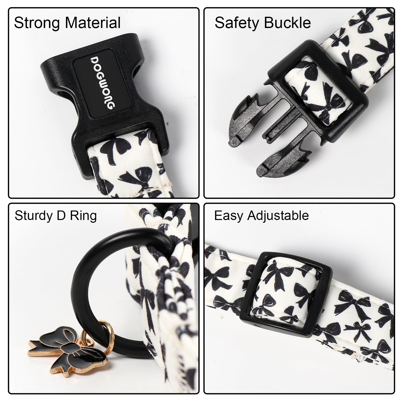 DOGWONG Cute Dog Collar, Black Bow Pattern Dog Collar, Girl Female Dog Collars with Strong Plastic Buckle for Small Dogs,XS
