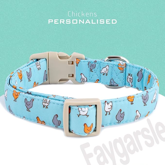Faygarsle Funny Chicken Pattern Dog Collar, Cotton Fabric, Light Blue with Farm Animal Print for Small Medium Large Dogs, L