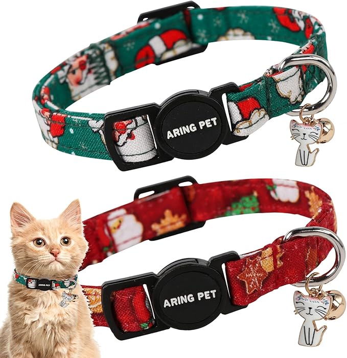 ARING PET 2 Pack Cat Collar, Christmas Breakaway Kitten Small Collars with Bells for Girl Boy Cats-Pink Reindeer Santa Claus & Green Xmas Tree