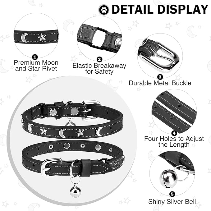 Leather Cat Collars for Boy Girl Cats with Bell and Safety Elastic Belt, Personalized Star and Moon Stud Adjustable Safe Buckle Collar for Kitty Small Big Cats Size 8-12 Inch, Black