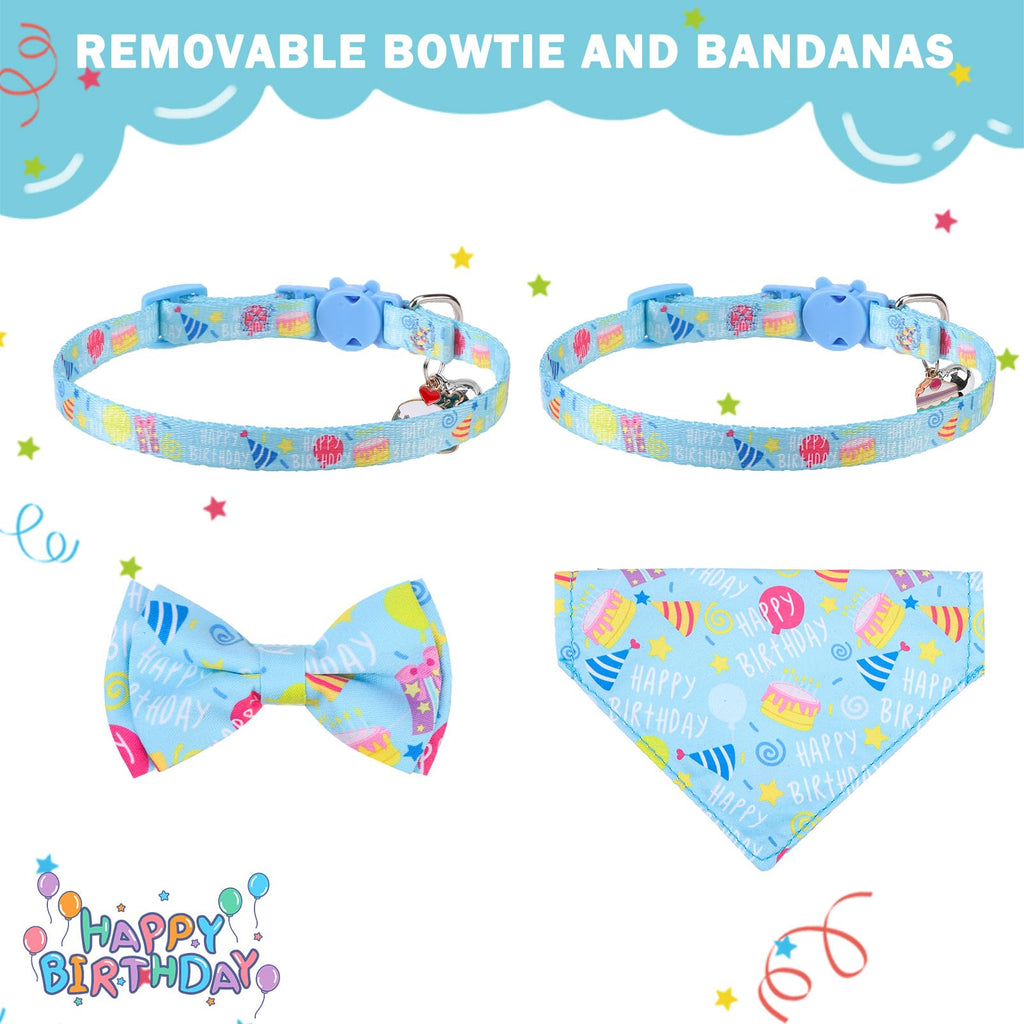 SCENEREAL Cat Bandana Collars for Birthday - 2 Pack Breakaway Kitten Collars with Bell Bowtie, Accessories for Pet Collars, Adjustable Cute Cat Collars for Cats and Small Dogs Boys Girls, (Blue)