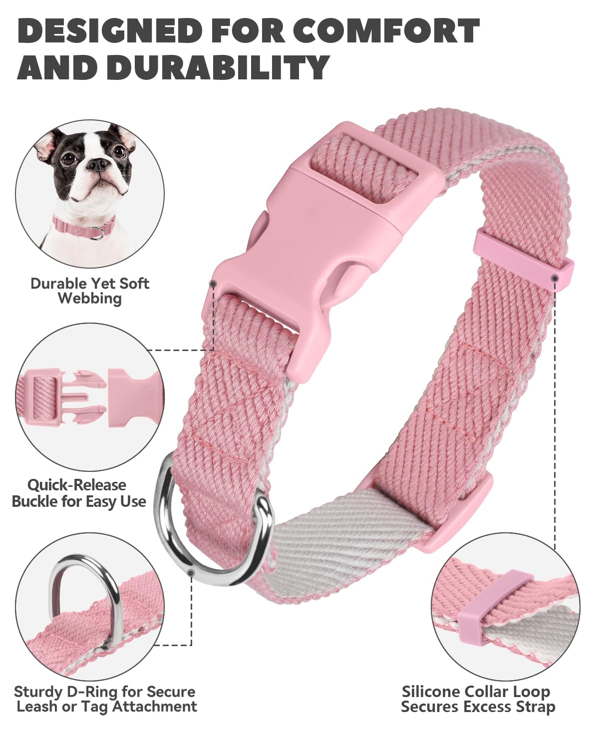 Dynmeow Soft and Breathable Cotton Dog Collar, Durable Adjustable Heavy-Duty Female Girl Pet Collar with Quick-Release Buckle, Lightweight for Sensitive Skin for Medium and Large Dogs, Pink, M