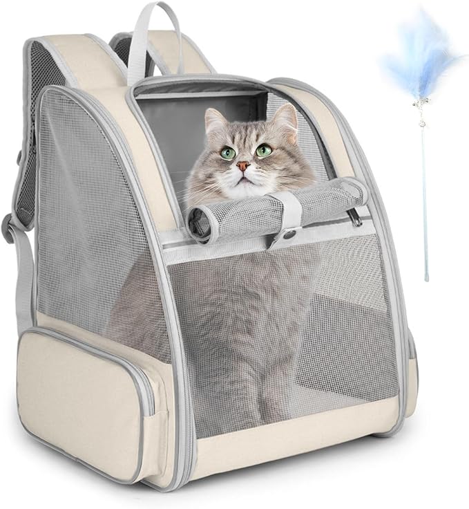 Cat Backpack Carrier, Large Pet Backpack with Kitten Wand Feather Toy for Medium Small Dog Cat Puppy Kitty Bunny up to 15lbs, Ventilated Mesh Dog Travel Carrier for Hiking Walking Outdoor Use (Pink)