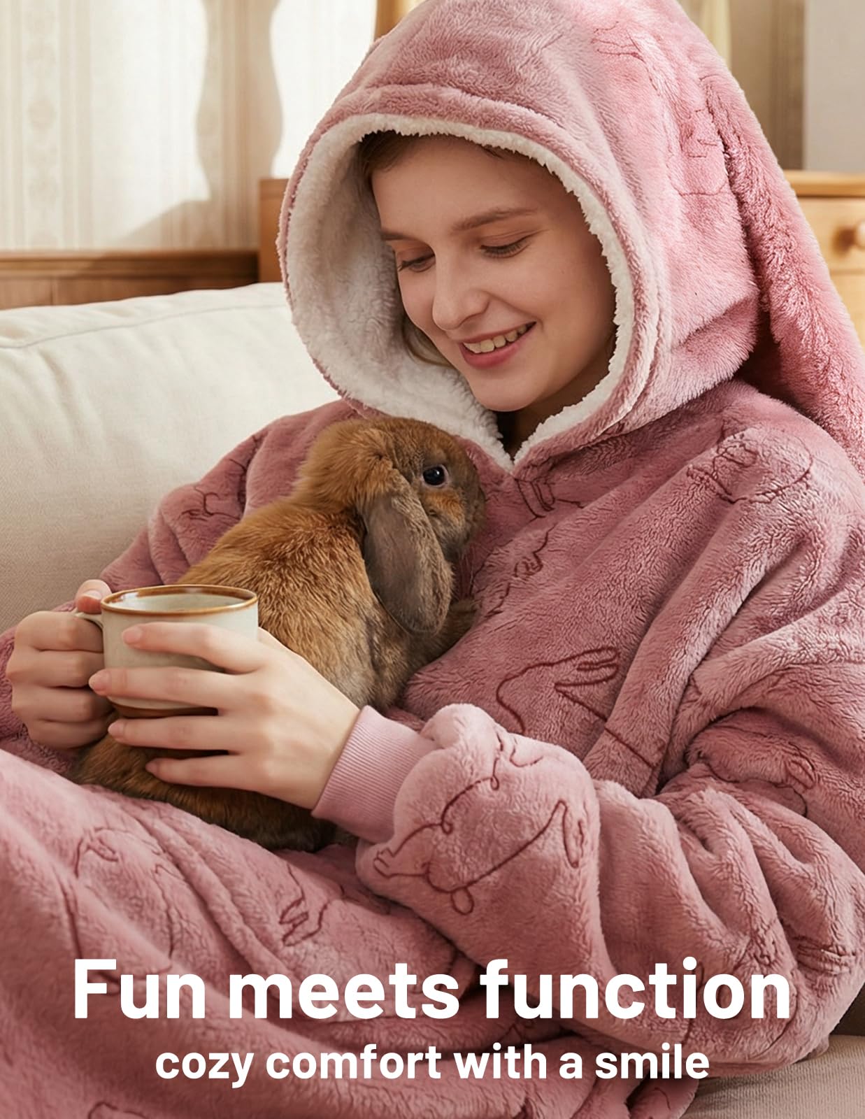 Mewaii Bunny Wearable Blanket Hoodie with Giant Pocket Cozy Gifts for Women