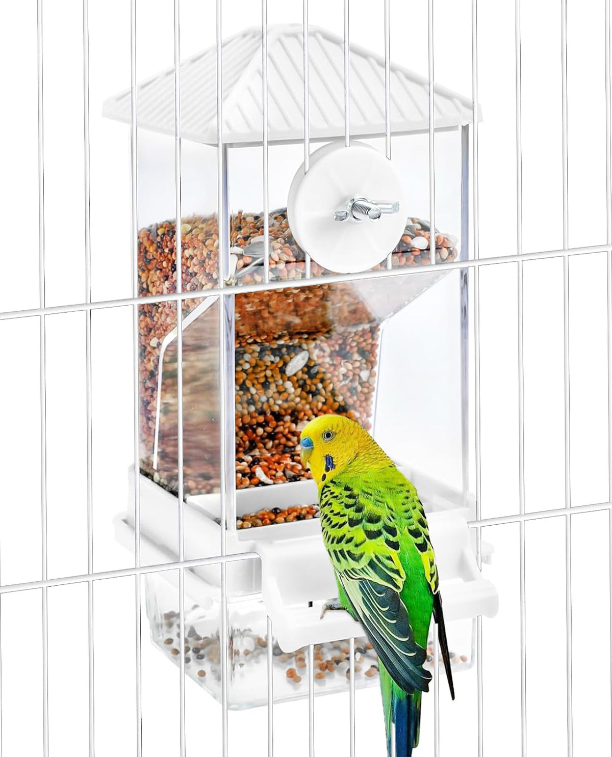Hamiledyi Automatic Bird Feeder No Mess Bird Cage Feeder Seed Food Container with Perch Transparent Parrot Cage Accessories for Parakeets, Budgies, Cockatoos, Finches, Lovebirds, Canaries (Green)