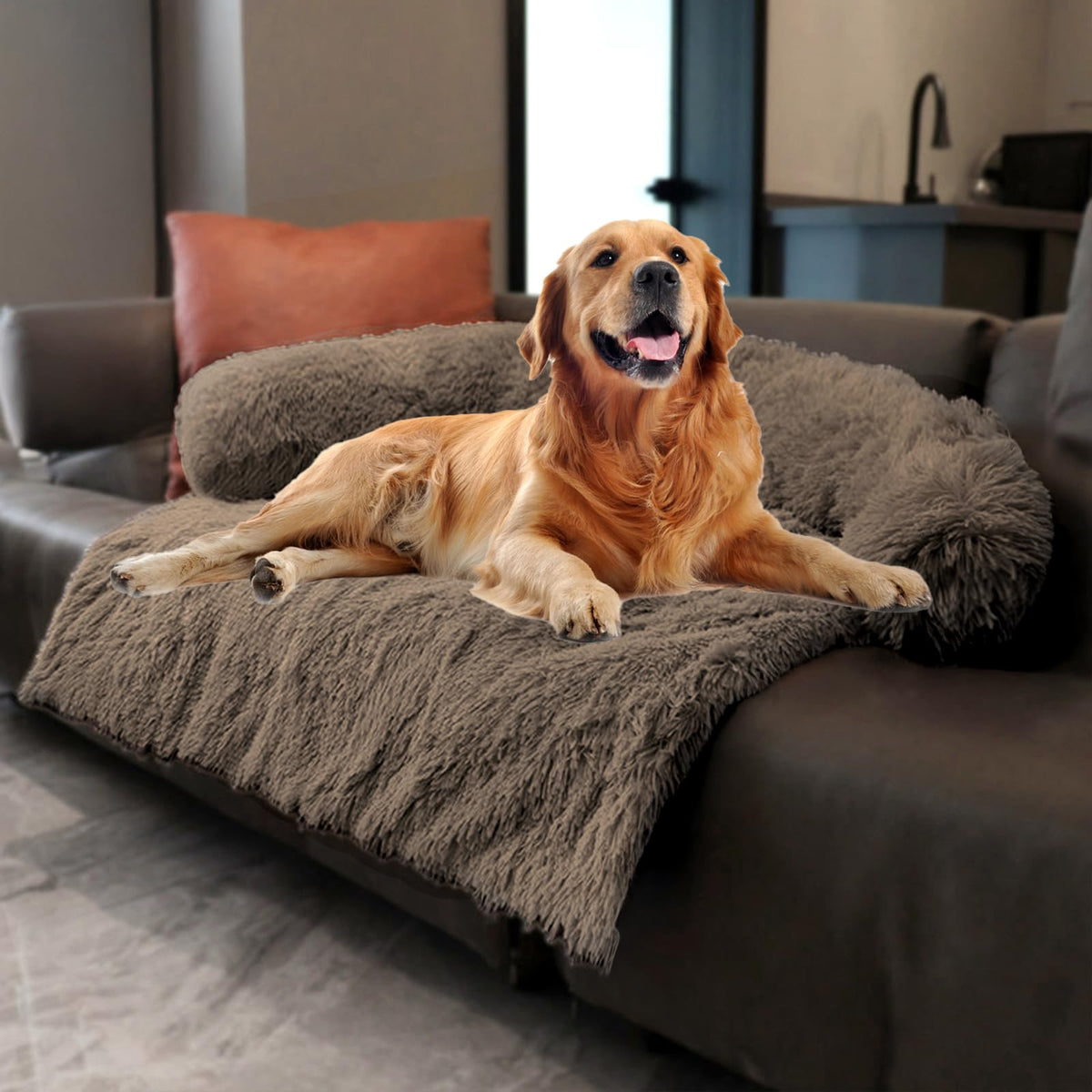 Tinaco Calming Dogs/Cats Bed Mats, Dog Pad Washable Removable Couch Cover, Plush Long Fur Mat for Pets, Waterproof, Perfect for Small, Medium and Large Dogs and Cats (Desert Brown, 45"x37"x 6.0")