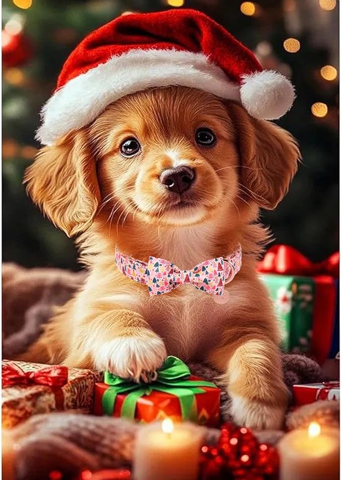 UP URARA PUP Christmas Dog Collar with Bow Tie, Pink Christmas Tree Collars for Dogs, Adjustable Pet Collar with Cute Xmas Tree Pendant, Winter Dog Accessories for Small Medium Large Dogs S