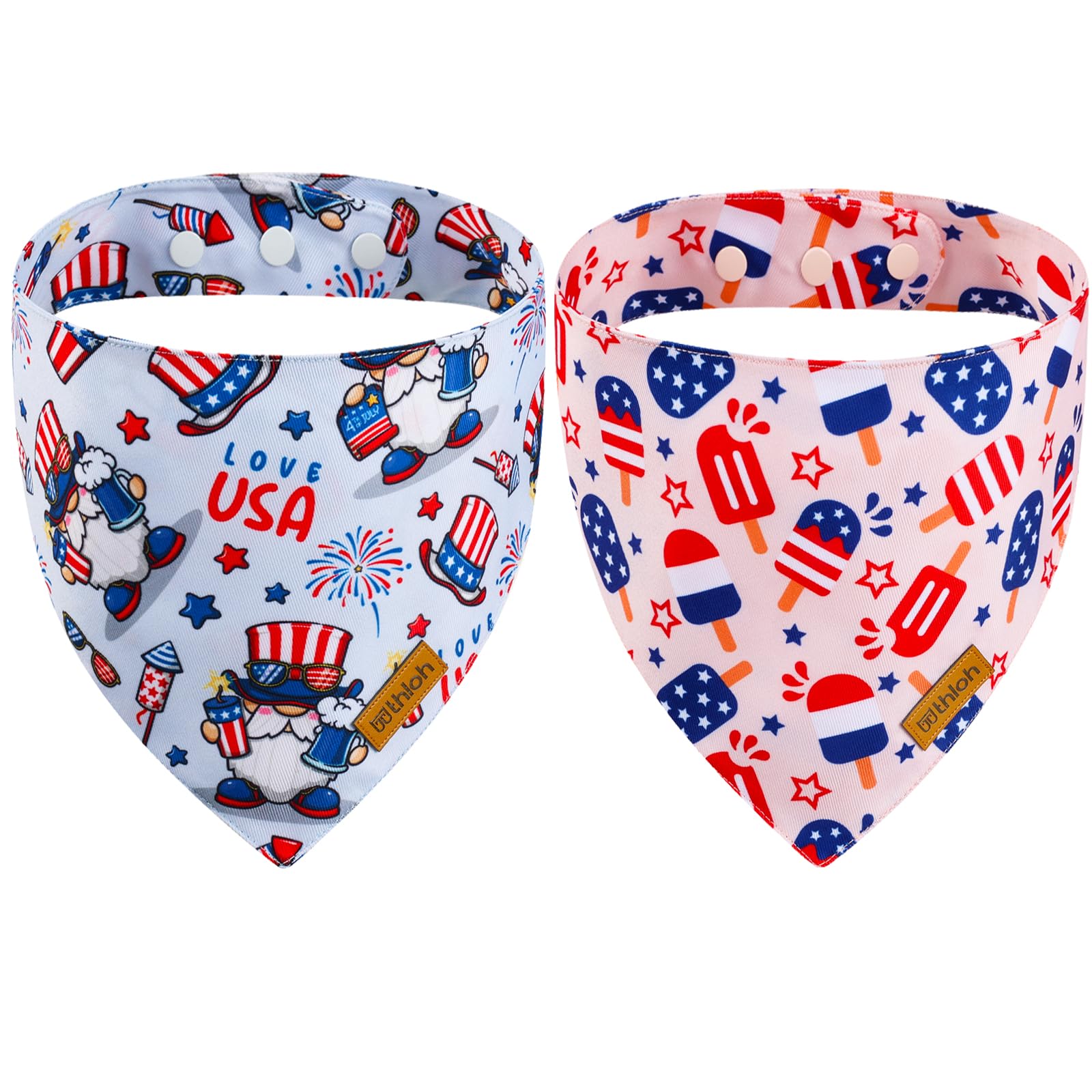 THLOH 4th of July Dog Bandanas with Snap Button, 2 Pack American Flag Pet Scarf for Boy & Girl, Premium Durable Fabric, Adjustable Fit, Patriotic Bandana for Large and Extra Large Dogs (X-Large)