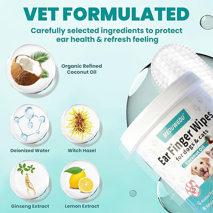 Ear Cleaner Finger Wipes 120 Counts, Dog Ear Cleaner, Grooming Kit Care for Dogs and Cats, Soft & Easy Otic Cleaning Pads, Remove Wax, Dirt & Stop Smelly, Itchy, Non-Irritating, Coconut Scent