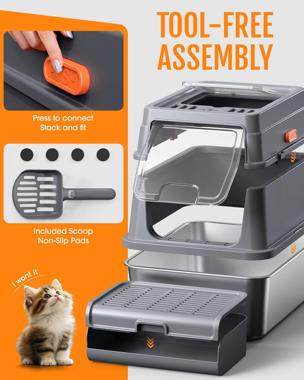 Powools Stainless Steel Enclosed Cat Litter Box, Elevated Step Box, Grey