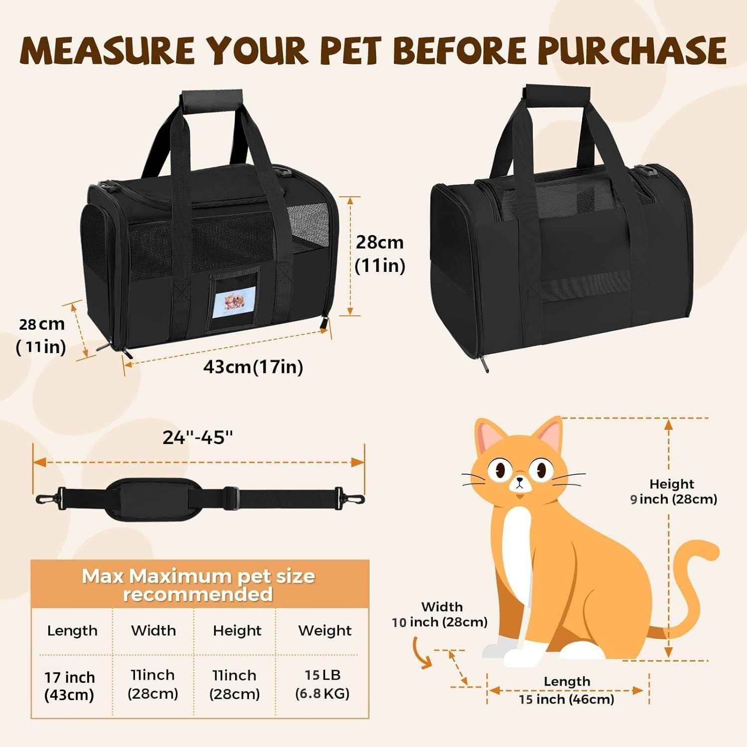 Soft Cat Carrier with Detachable Food Bowl,Pet Travel Bag (Up to 16 lbs)