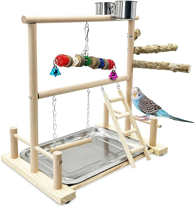 kathson Large Bird Playground - Natural Wood Perch Gym 4 Layers Parrot Playstand Activity Center with Perches Ladder Chew Toys Removable Tray and 2 Stainless Steel Cups for Small and Middle Birds