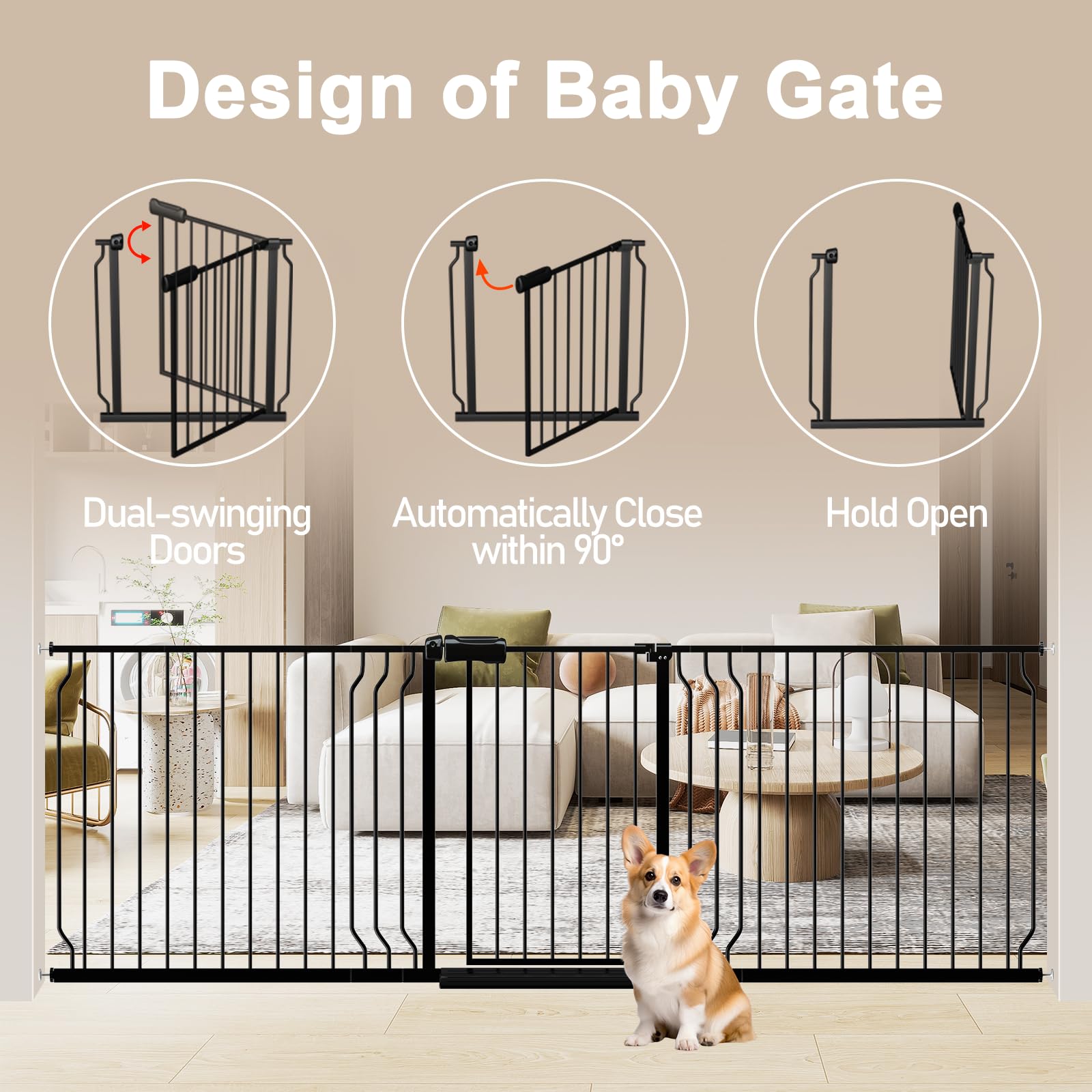 WAOWAO 100-109.41" Extra Wide Baby Gate Pressure Mounted 30" Tall Black