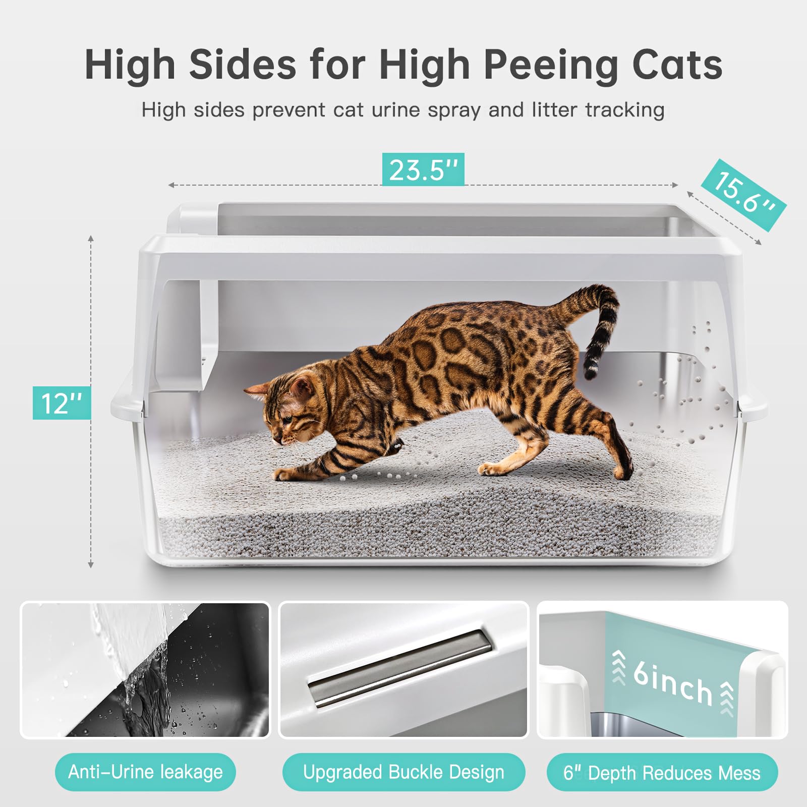 Stainless Steel Cat Litter Box, XL High Sided Open Top Pan with Scoop