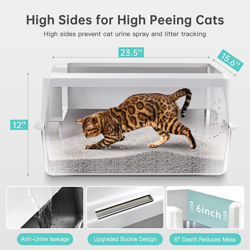 Stainless Steel Cat Litter Box, XL High Sided Open Top Pan with Scoop