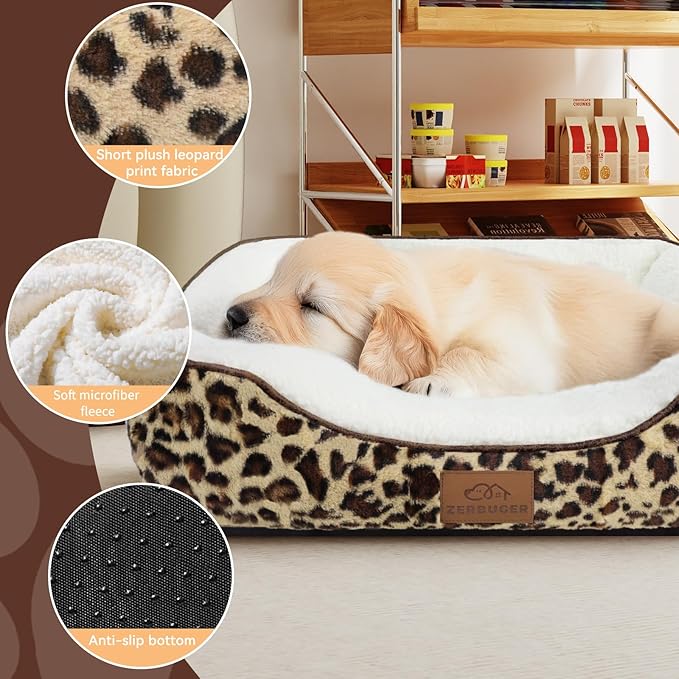 Zerbuger Rectangle Cat Dog Bed for Large Medium Small Pets Indoor Outdoor Machine Washable Sleeping Sofa Non-Slip Bottom Soft Puppy Bed Durable Orthopedic Calming Pet Cuddler (Medium, Leopard)