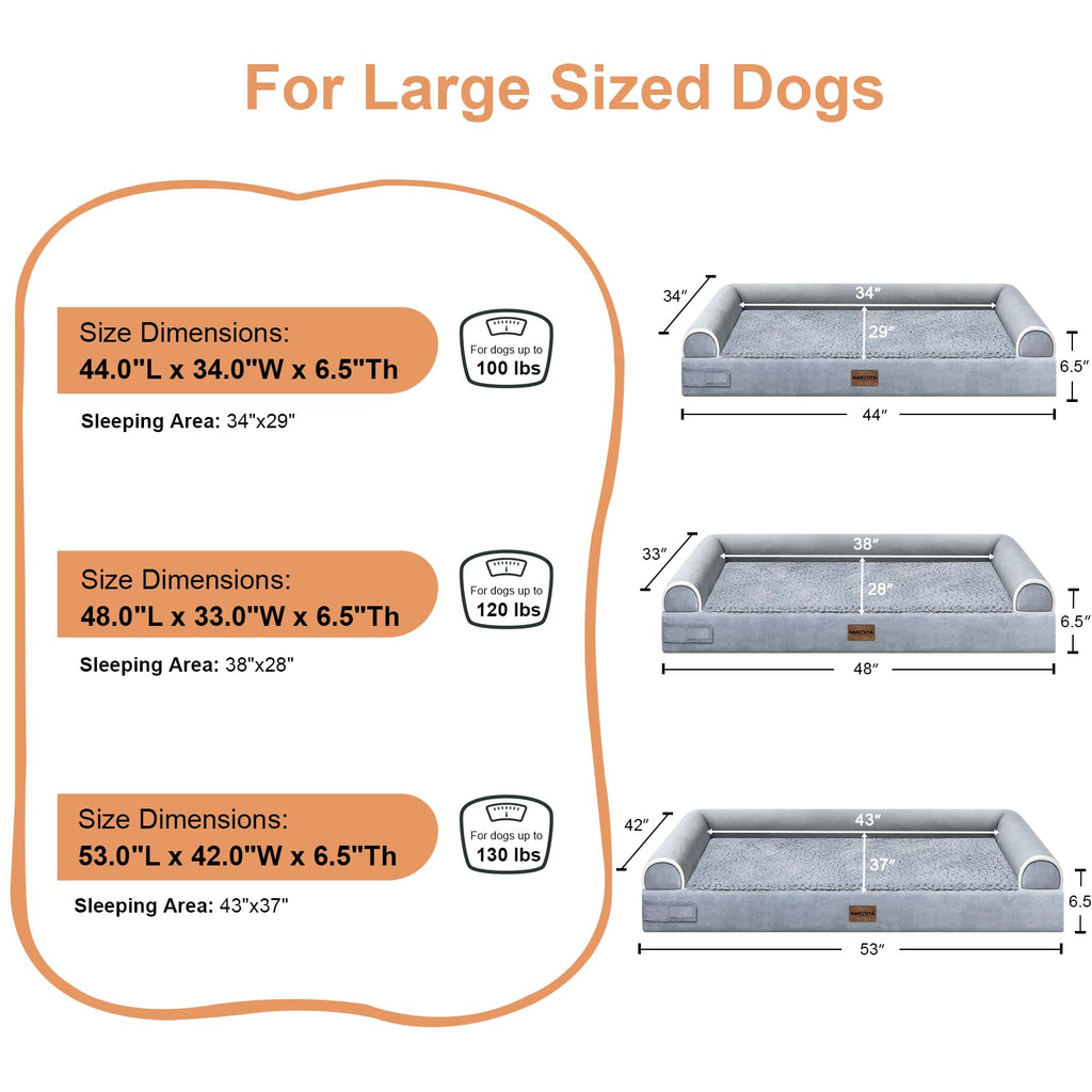NANUYA Orthopedic Dog Bed for Jumbo Dogs, 48 x 33 Inch, Light Grey