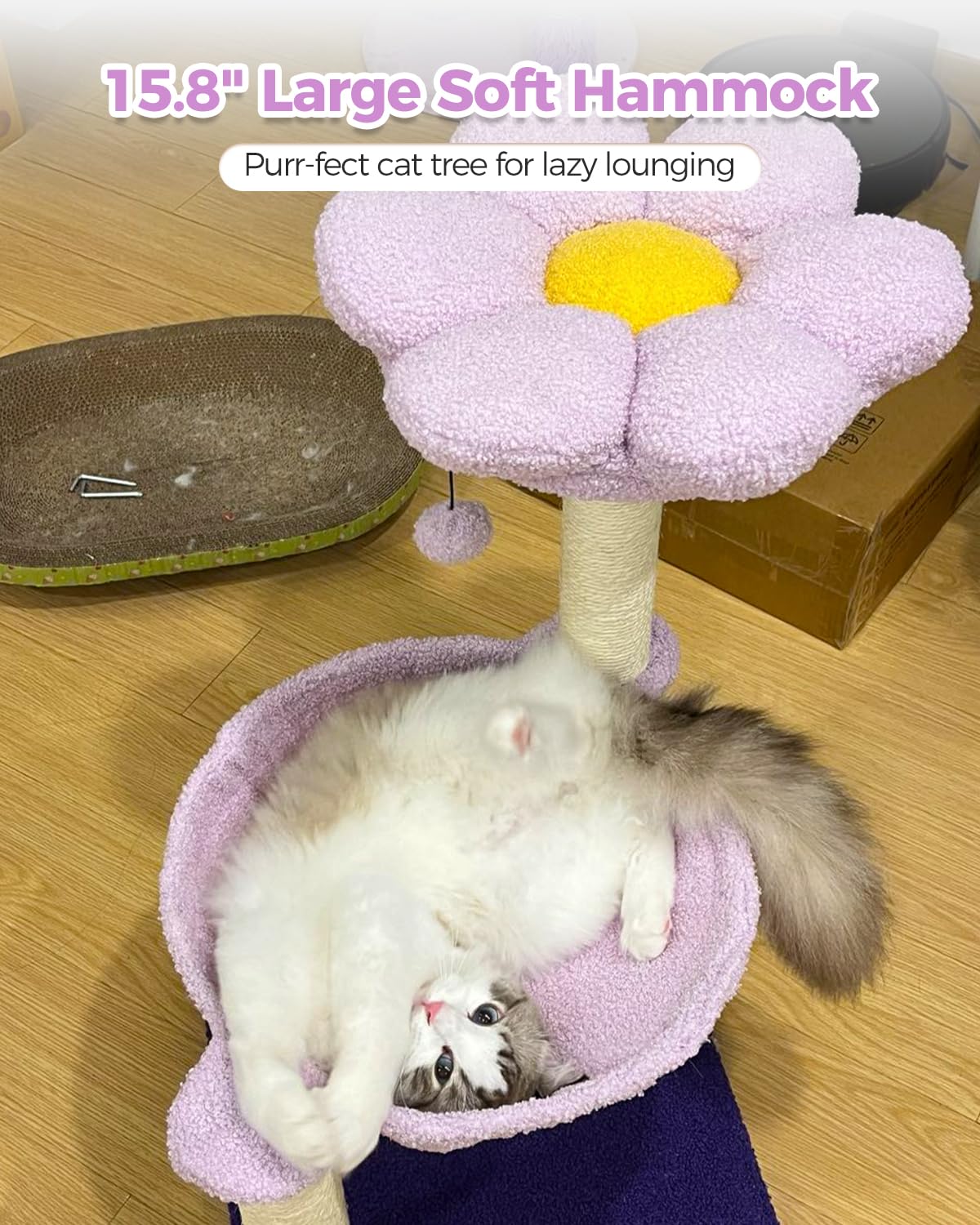 MUTTROS Flower Cat Scratching Post, 28" Cute Cat Tree Tower for Indoor Cats with Large Hammock Soft Perch Bed, Replaceable Toy Ball for Kittens, Purple