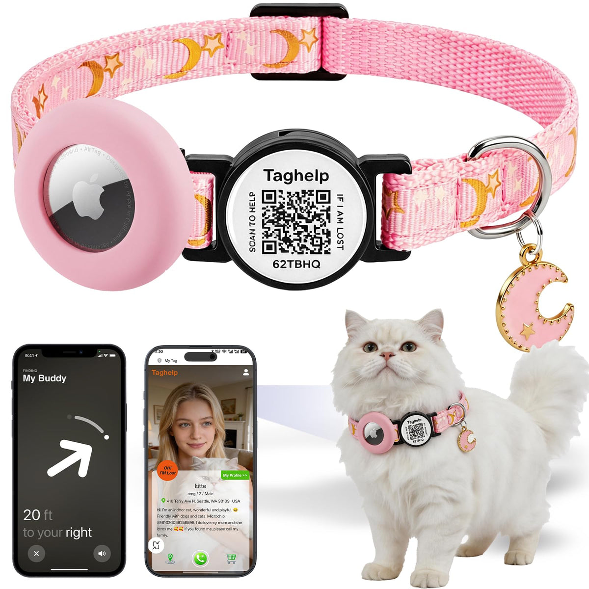 Stars and Moon AirTag Collar with AirTag Holder & Bell,Air Tag Cat Collar for Apple. Solid & Safe, Pet Collar, Breakaway Cat Collar,Smart QR Code Cat ID Tags - Pet Online Profile(Pink)