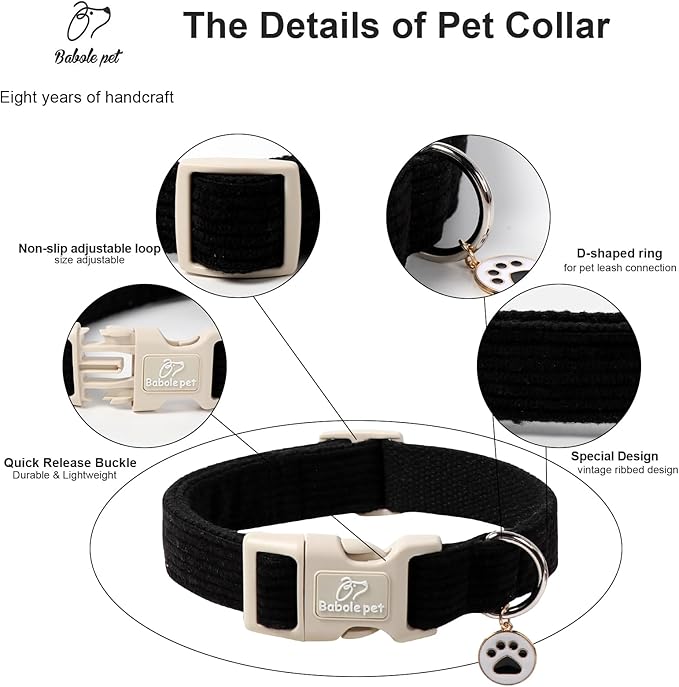 Babole Pet Cute Corduroy Dog Collar - Black Adjustable Dog Collars for Small Dogs 10-25lbs, Fade-Proof with Secure Snap & Little Charm, Christmas Birthday Gift, S
