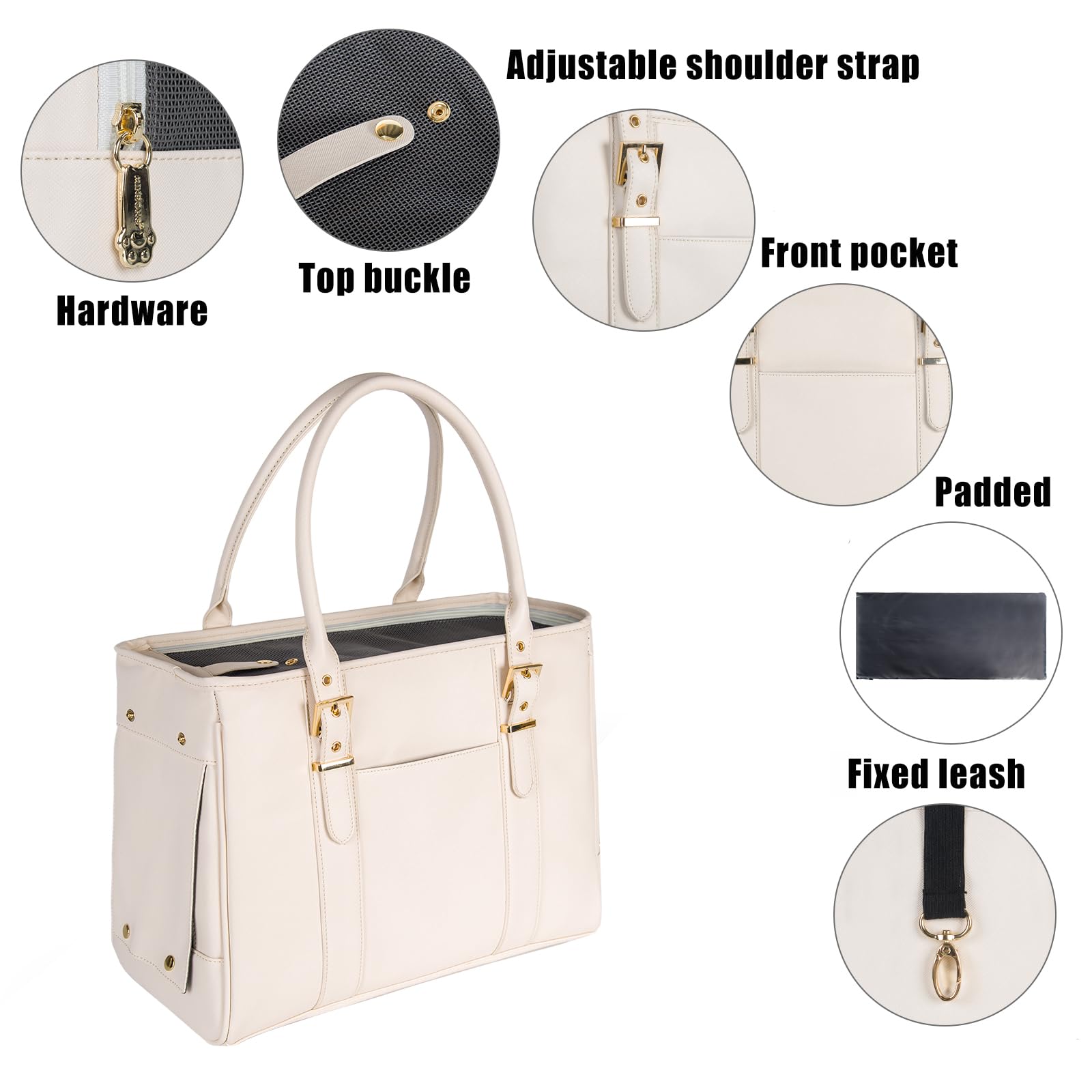 Fashion Pet Carrier Dog Purse Cat Bag Soft-Sided Carriers Travel Airline Approved, Stylish Leather Tote Handbag for Small Animal Puppy Kitten (White)