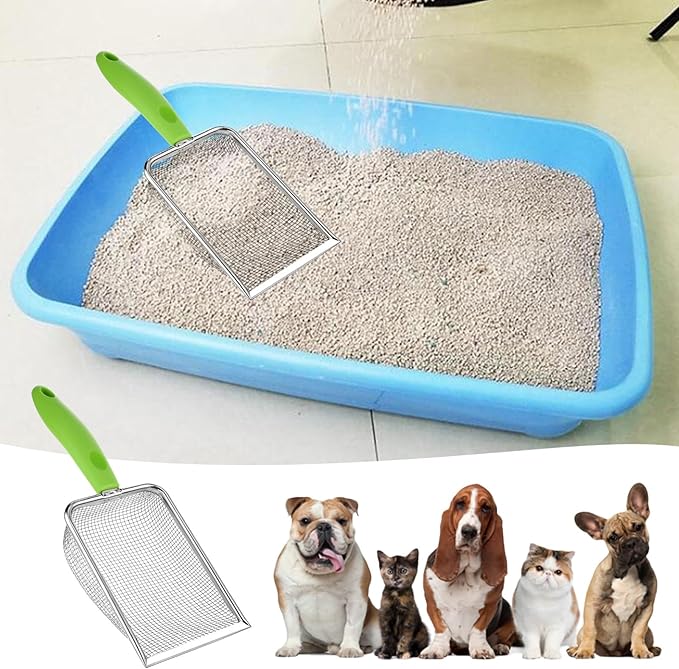 Qulkws Stainless Steel Mesh Litter Shovel, Fine Mesh Metal Reptile Litter Cleaner Scooper, Green Non-Slip Handle Sifter for Lizard Substrate Reptile Terrarium Sand Waste