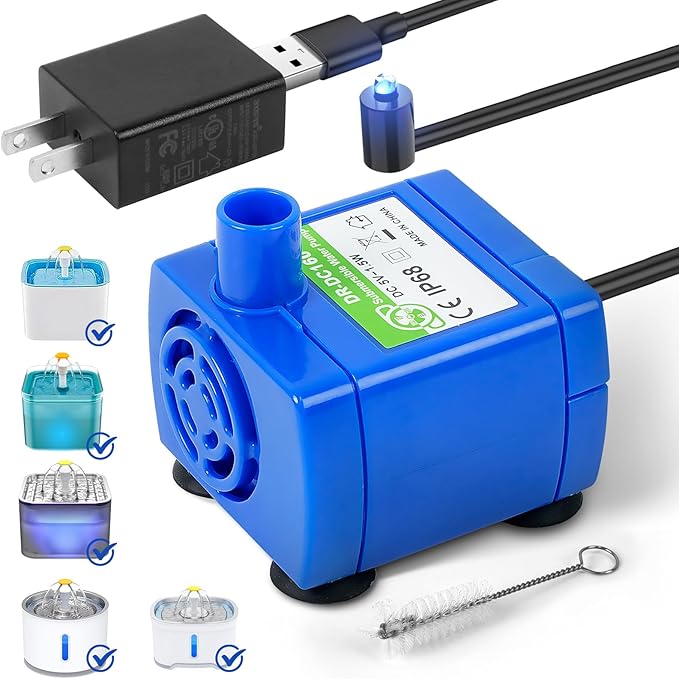IP68 DR-DC160 submersible water pump Cat Water Fountain Pump for Tritone Ceramic, Stainless Steel, Round Flower Cap Cat Fountains, Automatic Pet Water Dispenser Replacement Pump (No LED)