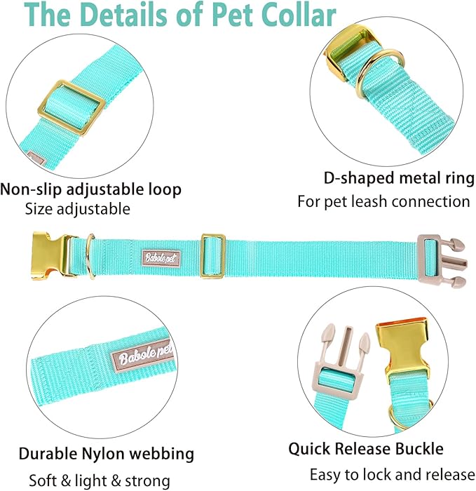 Babole Pet Nylon Dog Collar - Adjustable Lake Blue Soft Webbing Dog Collars for Small Medium Large Dogs Boy Girl Puppy Collar with Safety Metal Buckle M