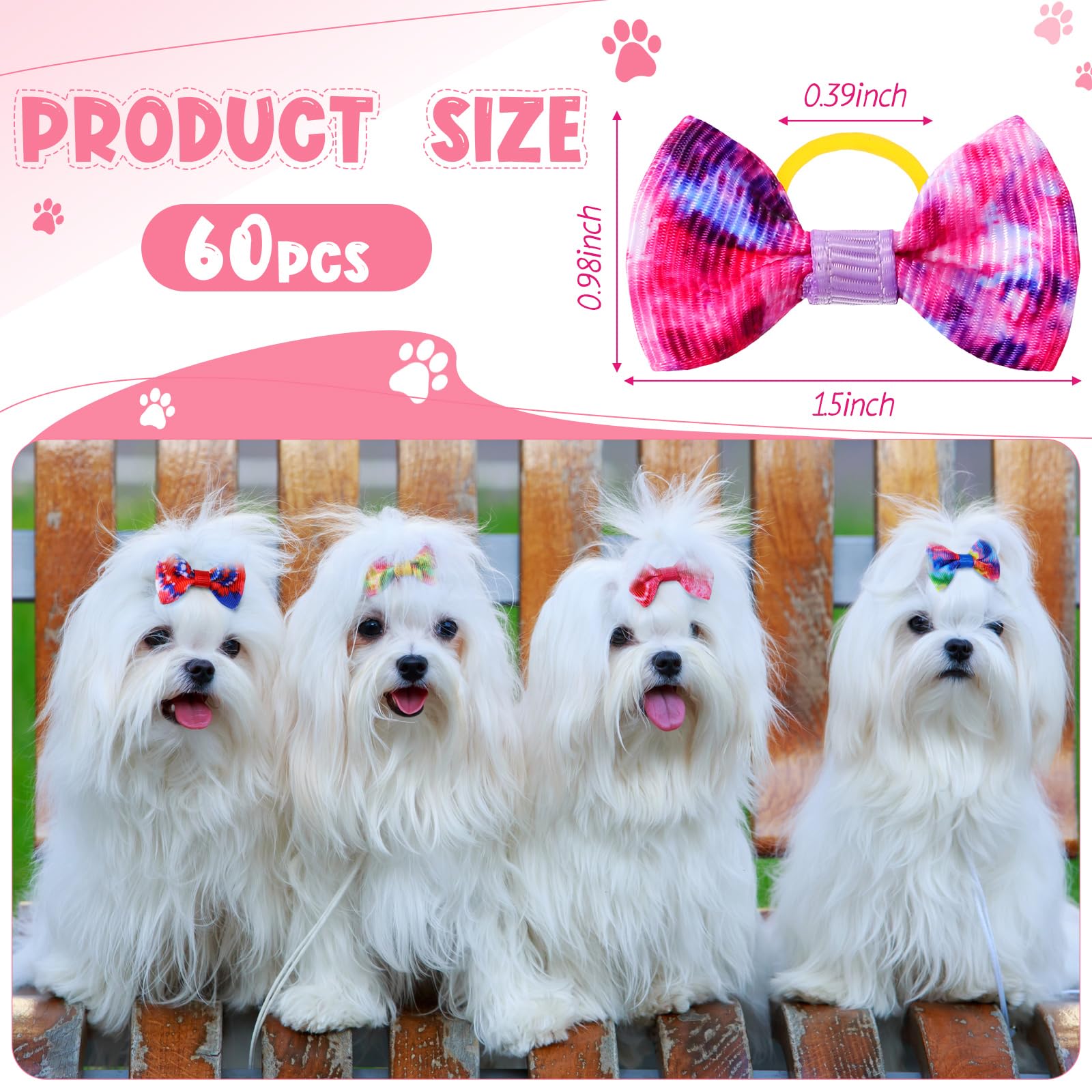 Shinylin 60 Pcs Cute Puppy Dog Hair Bows Small Bowknot Hair Bows with Rubber Bands Handmade Knot Accessories Pet Grooming Products for Holiday Birthday Gift(Tie Dye)
