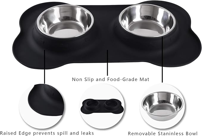 Hubulk Pet Dog Bowls 2 Stainless Steel Dog Bowl with No Spill Non-Skid Silicone Mat + Pet Food Scoop Water and Food Feeder Bowls for Feeding Small Medium Large Dogs Cats Puppies (M, Black)