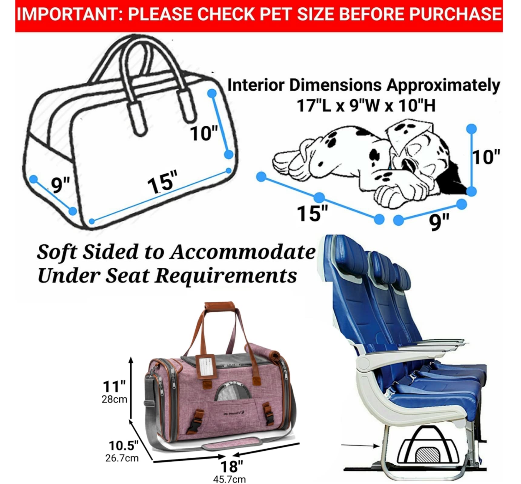 Mr. Peanut's Airline Approved Soft Sided Pet Carrier, Low Profile Gold Series Tote, Premium Brand Self Locking Zippers, Under Seat Compatibility, Plush Faux Fleece Bedding with a Sturdy Plywood Base