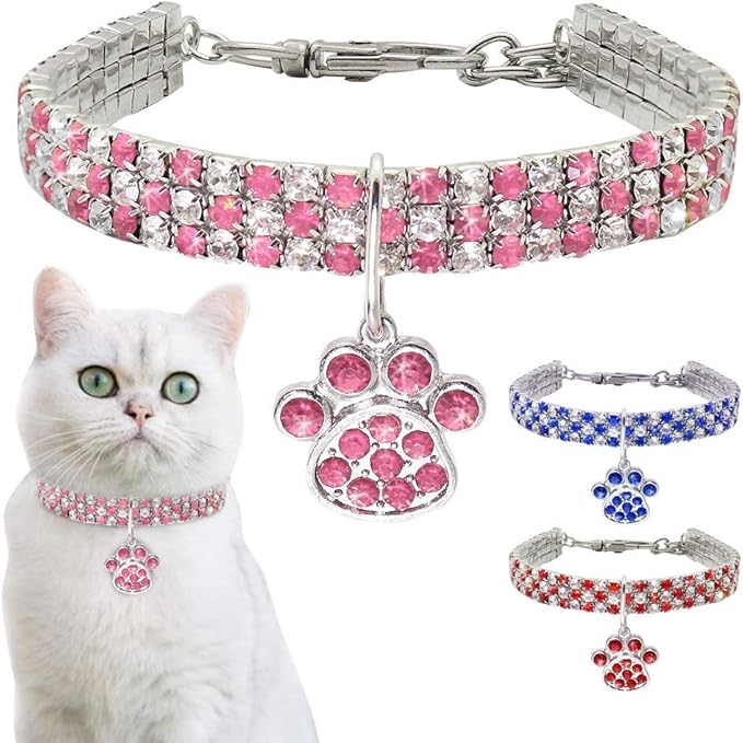 RayMinsino Pet Collar with Diamonds, Adjustable Crystal Diamond Elastic Heart Claw Pendant Wedding cat and Dog Small pet Necklace Jewelry
