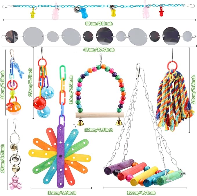 QUOZUO 9 Pcs Parakeet Cockatiel Bird Toys, Parrots Cage Accessories Swing Rope Hanging Wooden Perch Chewing Toy for Budgerigar, Parrot, Cockatiel