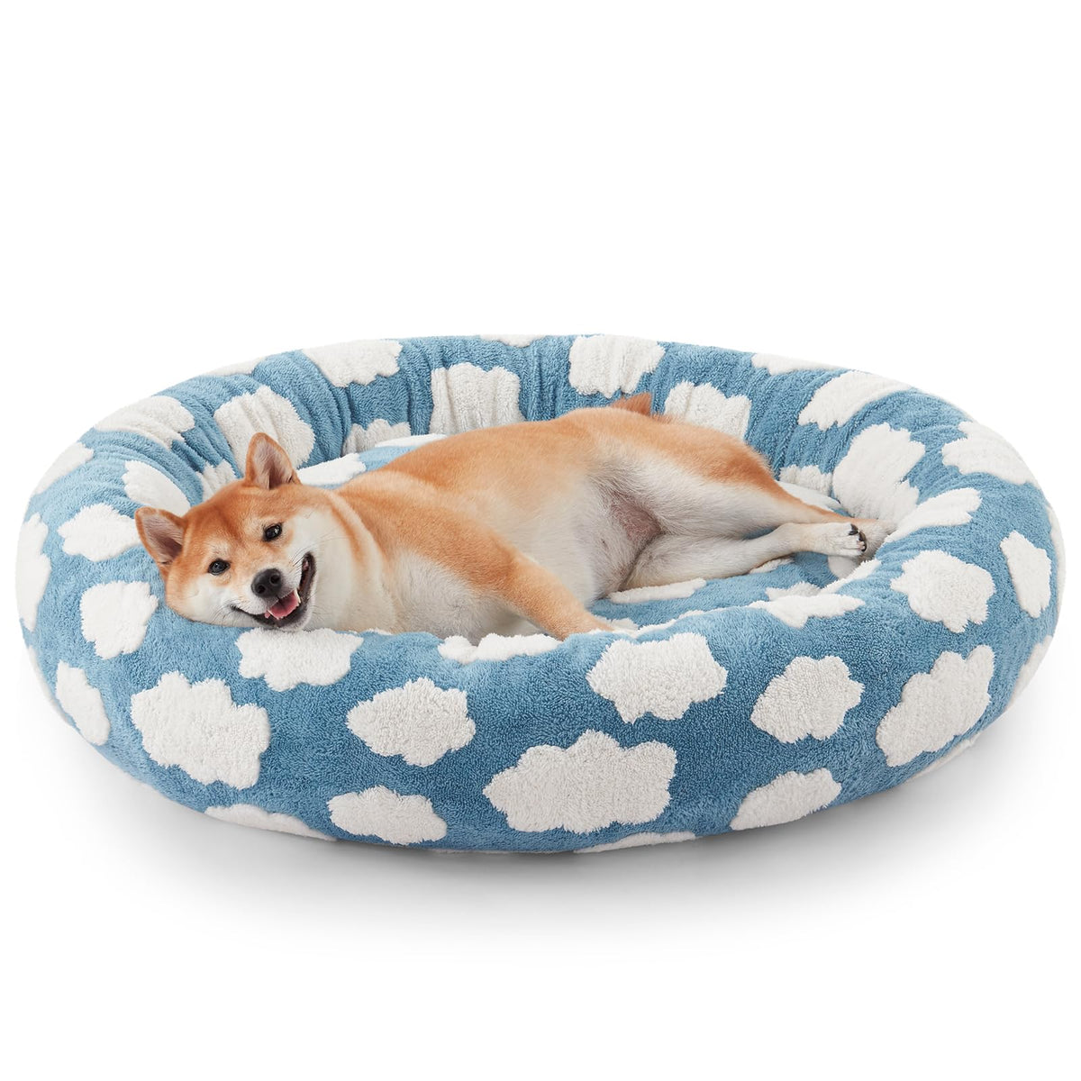JOEJOY Jacquard Donut Round Small Dog Beds,Blue 23x23x7in, Removable Washable Cover, Cute Pattern, Ultra Soft Fluffy Calming Pet Bed with Thick Supportive Bolster