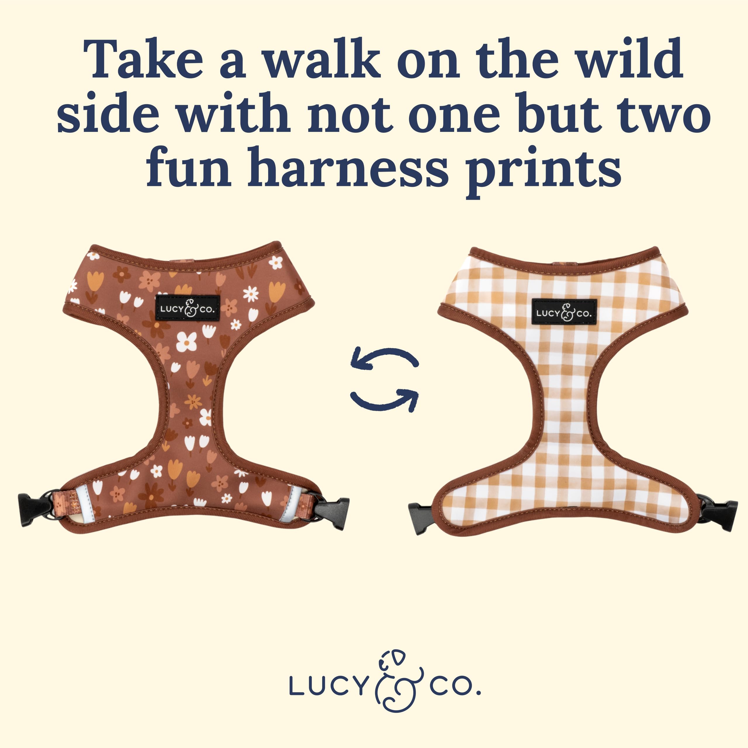 Lucy & Co. Reversible Dog Harness - Water-Repellent Neoprene, Dual-Print Design, Easy Swap Style, Adjustable Comfort Fit - Chocolate Meadows Reversible Harness - X-Large