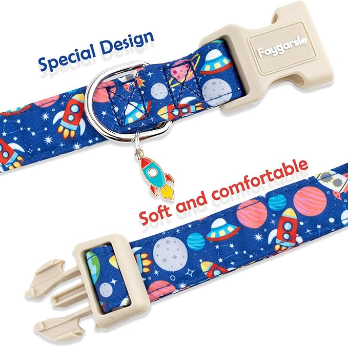Faygarsle Space Theme Dog Collar, Navy Blue with Rockets and Planets Pattern for Summer Small Medium Large Dogs, XS