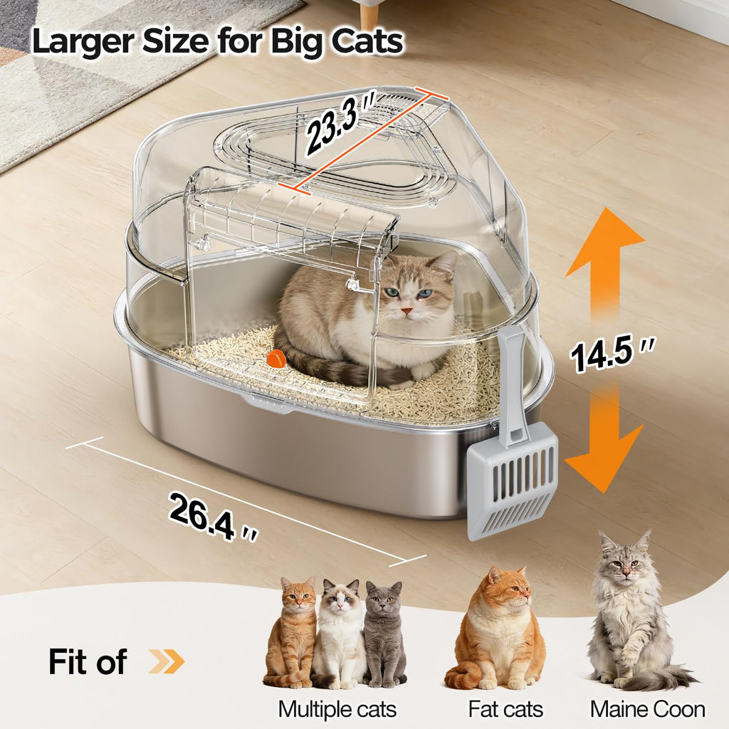 Chumajor XXL Stainless Steel Corner Cat Litter Box with Lid,Grey
