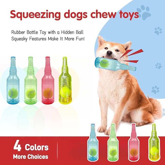 Cute Tough Dog Toy Rubber Bottle Squeaky Dogs Chew Toy Long Lasting Interactive Fetch Toy for Teething Tennis Ball Included (Green, Large)