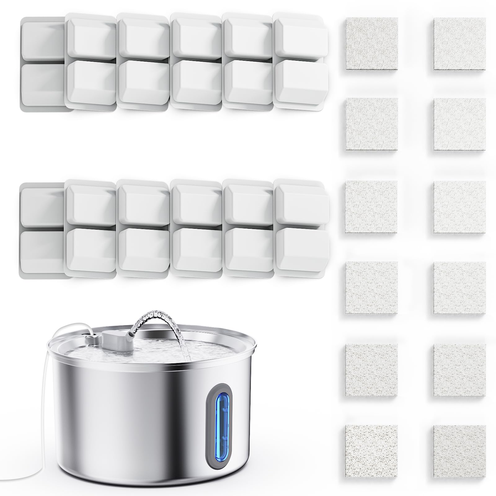Cat Water Fountain Stainless Steel, 3.2L/108oz Pet Fountains for Drinking with Smart Quiet Pump and Large Water Level Window (12 Filters +12 Sponges)