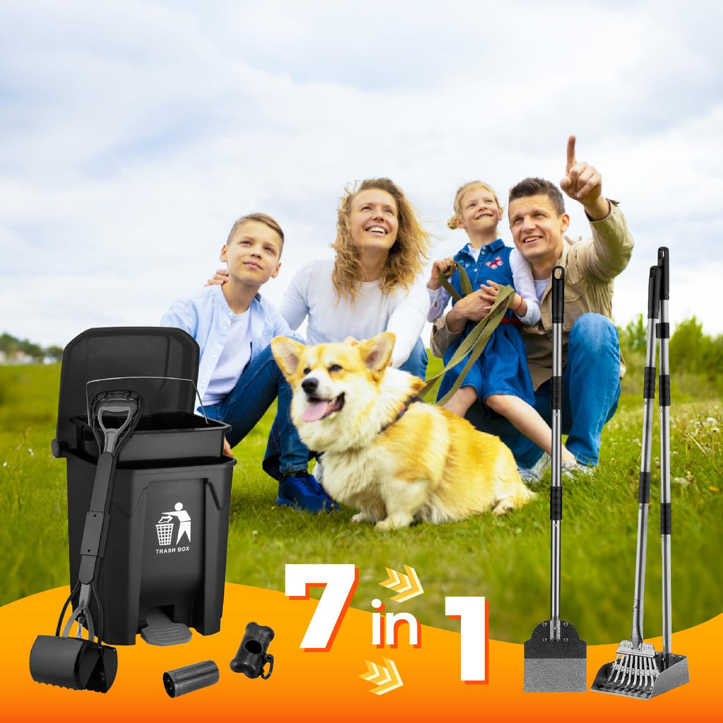 AXINCANAAN 20L Dog Poop Trash Can Outside with Pooper Scooper, Inner Bucket, Stainless Steel Dustpan, Rake & Shovel, Waste Bags for Dog Poop Disposal
