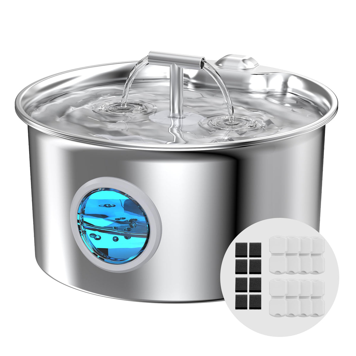 Cat Water Fountain Stainless Steel: Water Dispenser for Cats Indoor - Pet Dispenser Supplies Accessories - 16 Pack Cat Water Fountain Replacement Filters - 8 Multi-Functional Filters and 8 Sponges