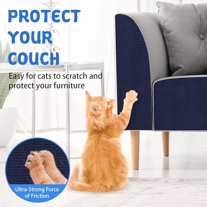 Climbing Cat Scratcher Mat Trimmable Cat Scratching Post Carpet 157.4’’x15.8’’ Self Adhesive Carpet Mat Pad Replacement for Cat Tree Shelves Post Couch Wall Furniture Steps DIY Protector (Dark Blue)