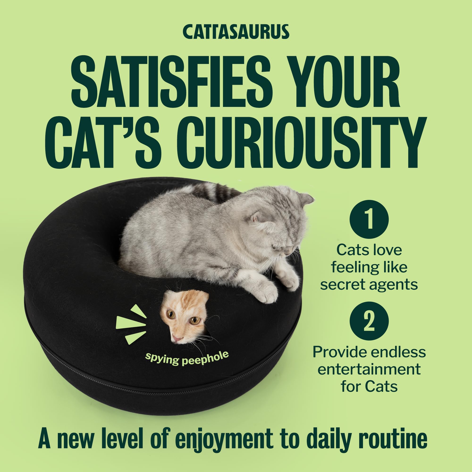 Cattasaurus Peekaboo Cat Cave Donut for Multiple & Large Cats up to 30-45 lbs, 3-in-1 Self Warming Cat Bed, Tunnel & Scratcher for Indoor Cats, Washable & Detachable Small Dog Bed (Black, Large)