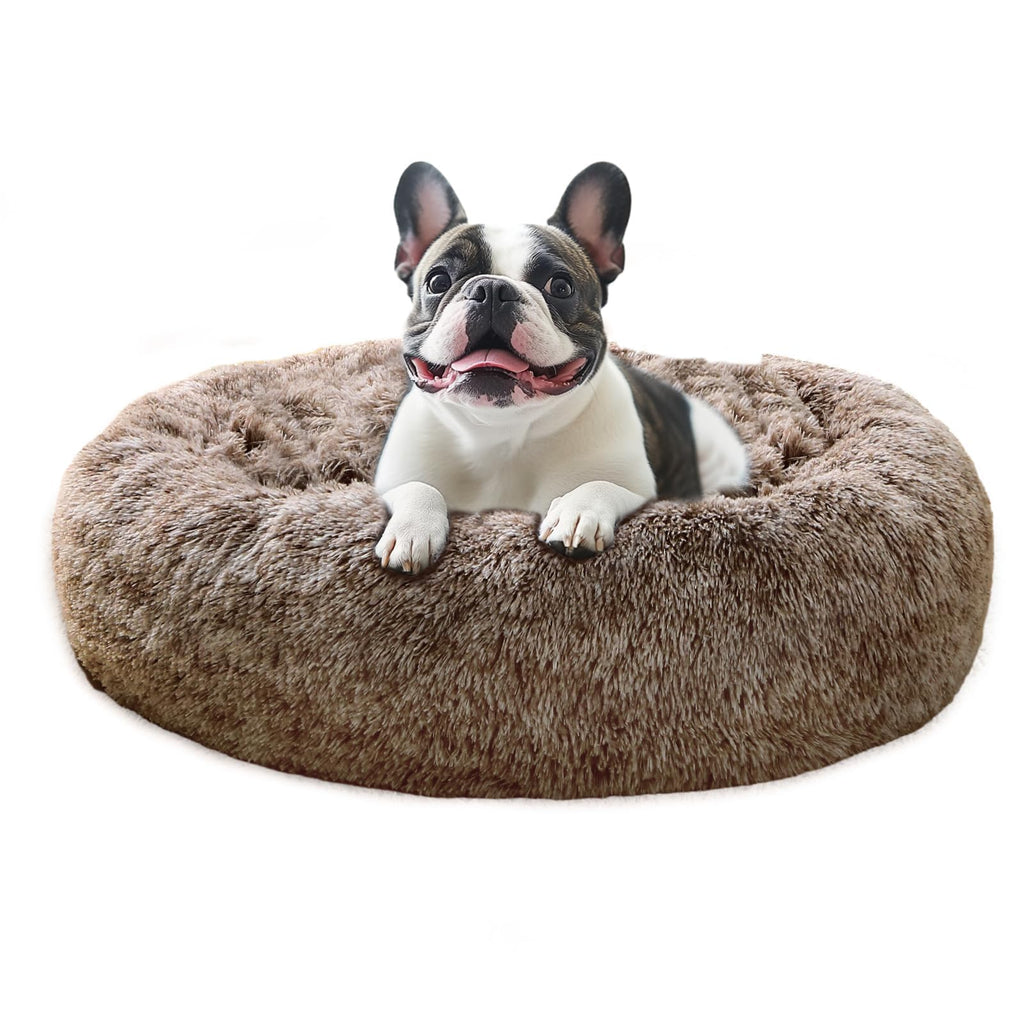 JOLLYVOGUE Calming Dog Bed Medium Size Dog, 31in Donut Washable Medium Pet Bed, Anti-Slip & Anti-Anxiety Fluffy Faux Fur Round Dogs Bed, Fits up to 45 lbs Pets (Smoke Brown)