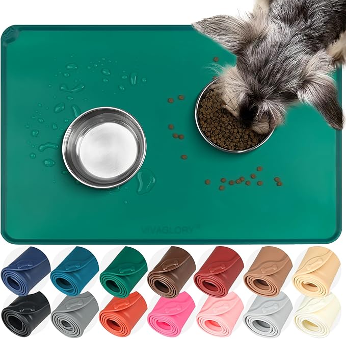VIVAGLORY Dog Food Mat Flexmat Dog Bowl Mat, Placemat Food Tray with Raised Edges & Lip for Indoor Floor, Non Slip Waterproof Silicone Dish Placemat for Cat & Pet, S, Deep Green
