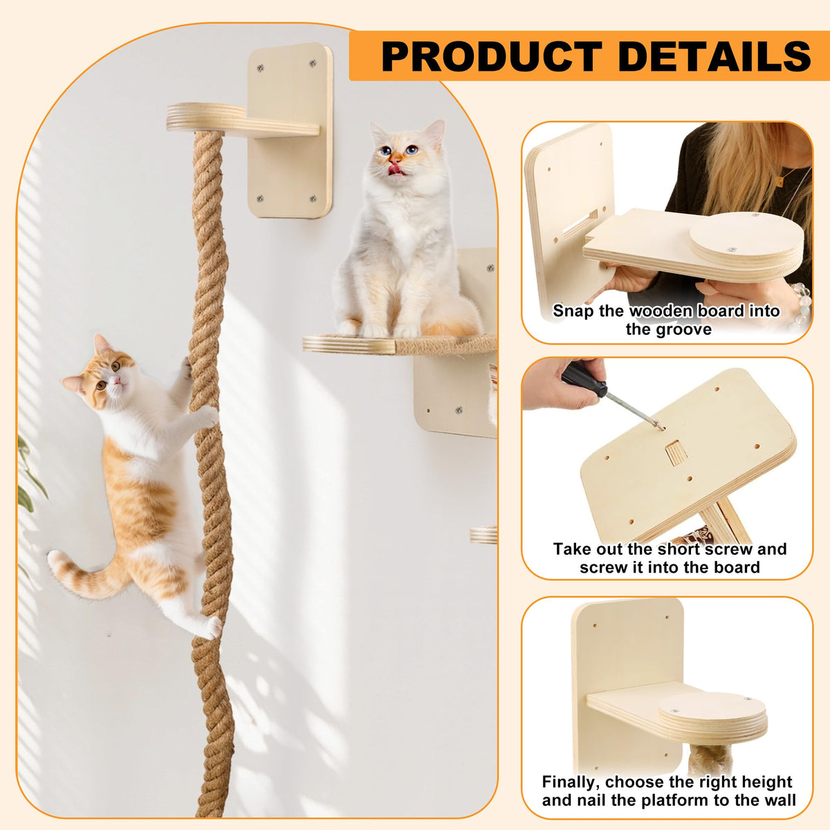 Cat Wall Shelves with 2 x 60 Inch Climbing Rope, Wall Mounted Cat Tree