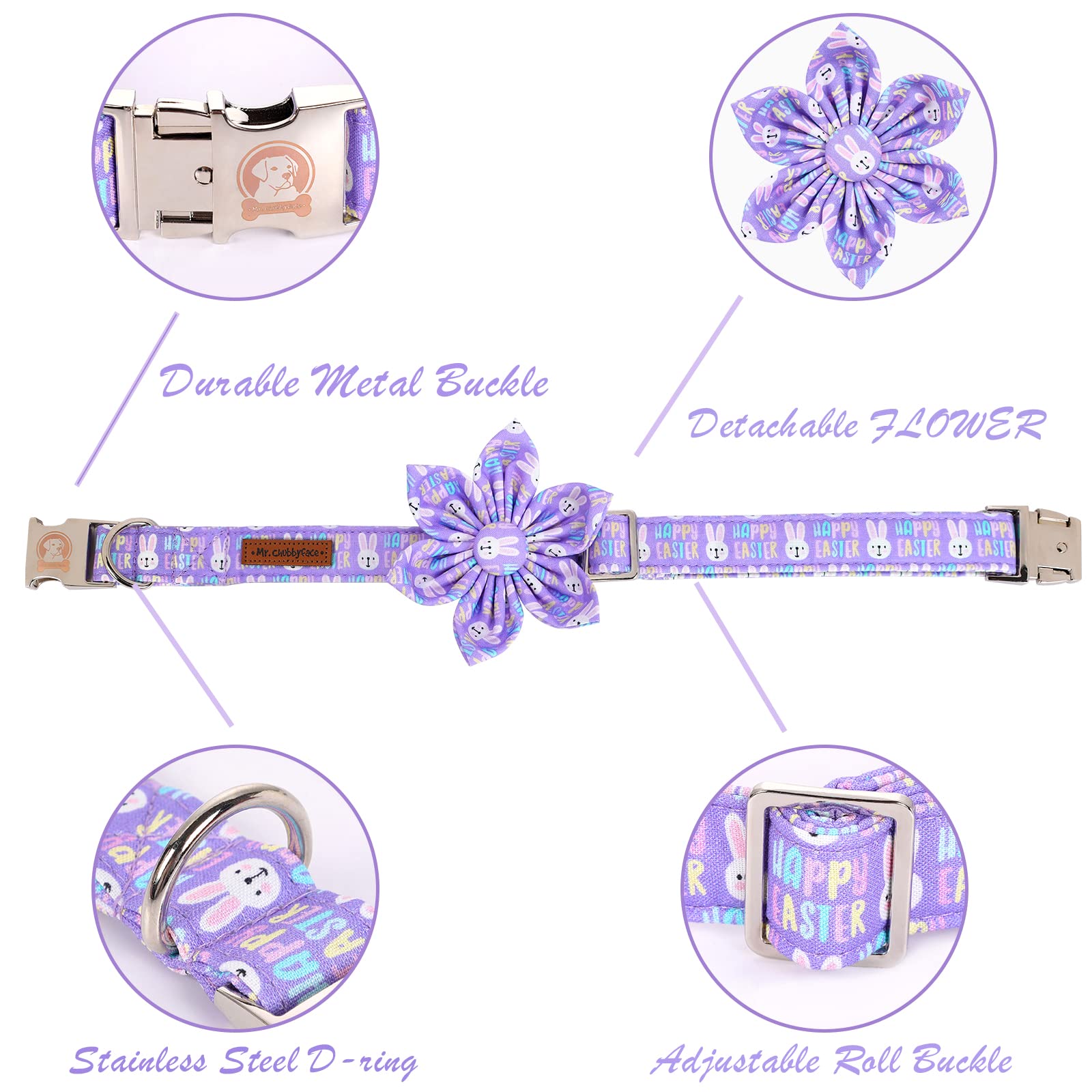 MR. CHUBBYFACE· Easter Dog Collar, Purple Rabbit Pet Collar with Flower, Adjustable Puppy Collar Bowtie for Small Medium Large Dogs