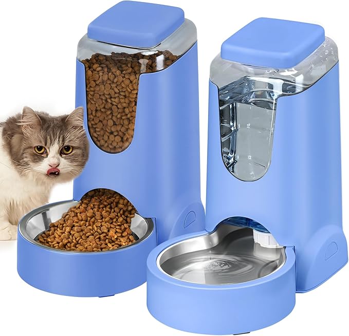 Automatic Cat Feeder and Water Dispenser with Stainless Steel Bowl Dog Gravity Food Feeder and Waterer for Small Medium Pets Puppy Kitten 1 Gallon x 2