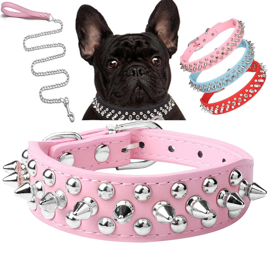 haoyueer Spiked Dog Collar Soft Pu Leather Mushrooms Rivet Spike Studded Puppy Adjustable Pet Collars for Small Breeds (L, Pink Set)