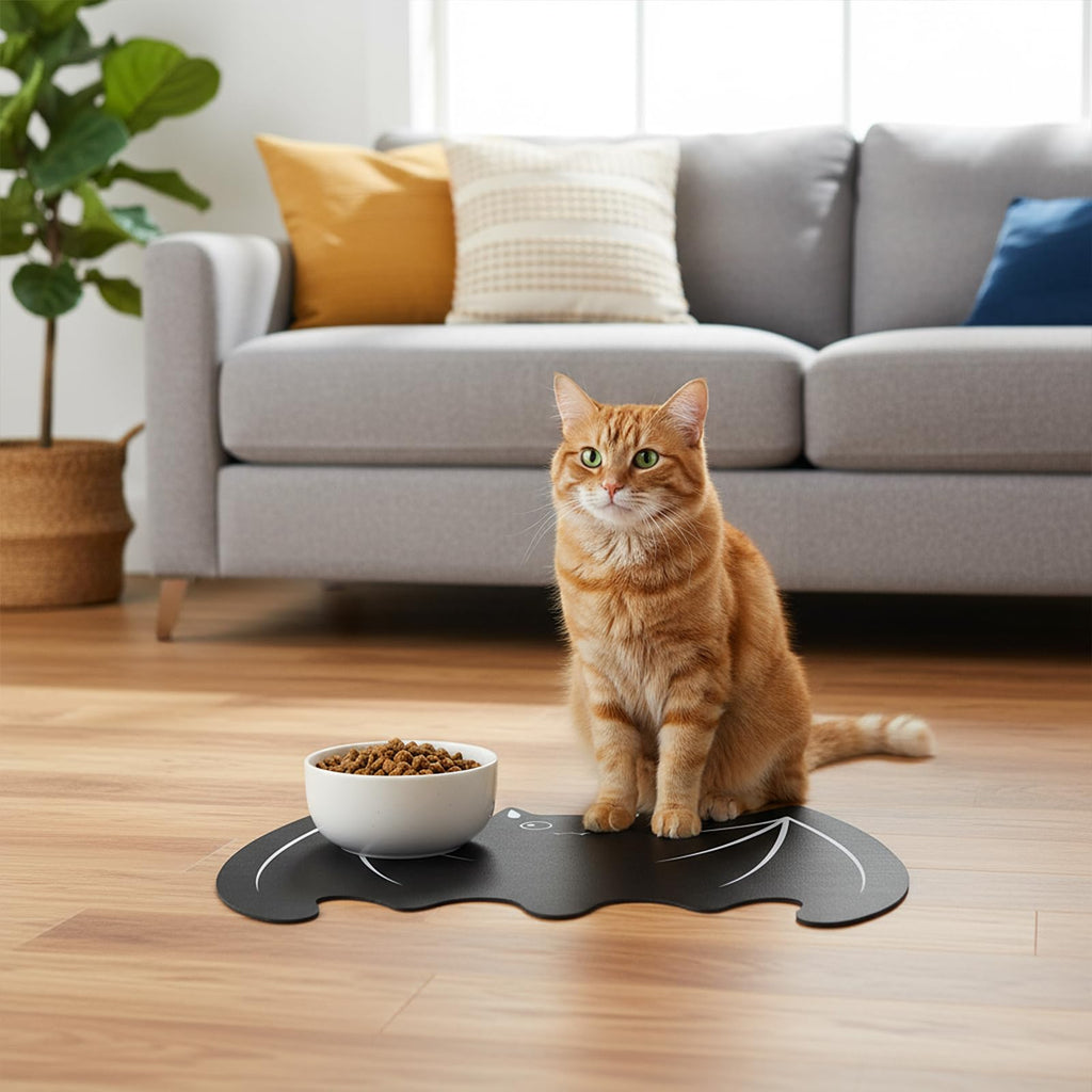 Pet Mat for Food and Water, Absorbent Non-Slip Quick Dry Dog Food Mat for Dog Cat Bowl Indoor Outdoor Pet Dining Gift Halloween Decorations (11.8 * 19.68in, Bat)
